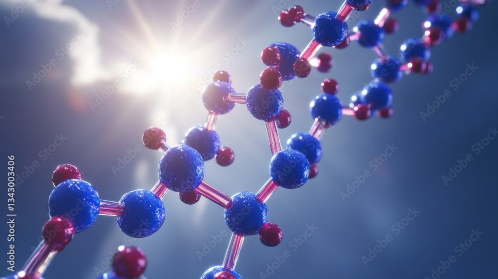 Poster molecular structure: a 3d rendering of a complex molecule against a bright, sunlit background