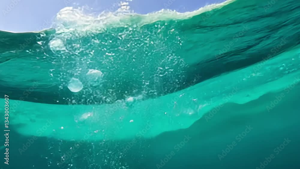 Poster underwater view of ocean with bubbles and sunlight creating patterns on the surface of the water