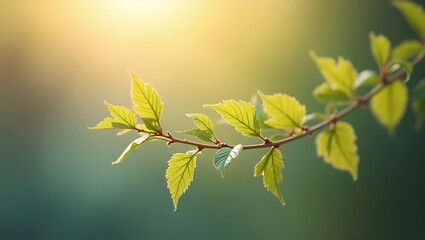 Obraz premium A branch with fresh green leaves is illuminated by warm sunlight against a soft, blurred green backdrop