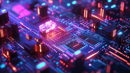 Fototapeta premium Futuristic Circuit Board with Glowing Neon Elements and High-Tech Design, Generative AI