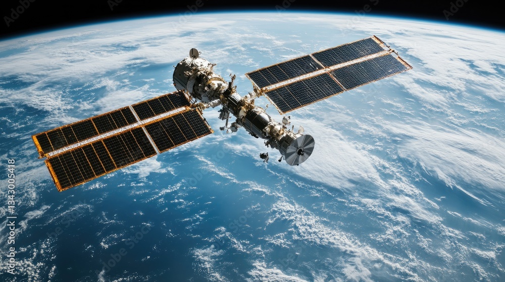 Poster a global positioning satellite in space transmitting signals to gps navigation systems on earth.