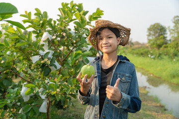 Young Harvest: A cheerful young woman proudly presents a freshly picked guava fruit, standing...
