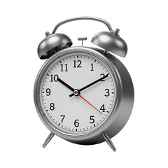 Silver alarm clock with bells, showing the time.