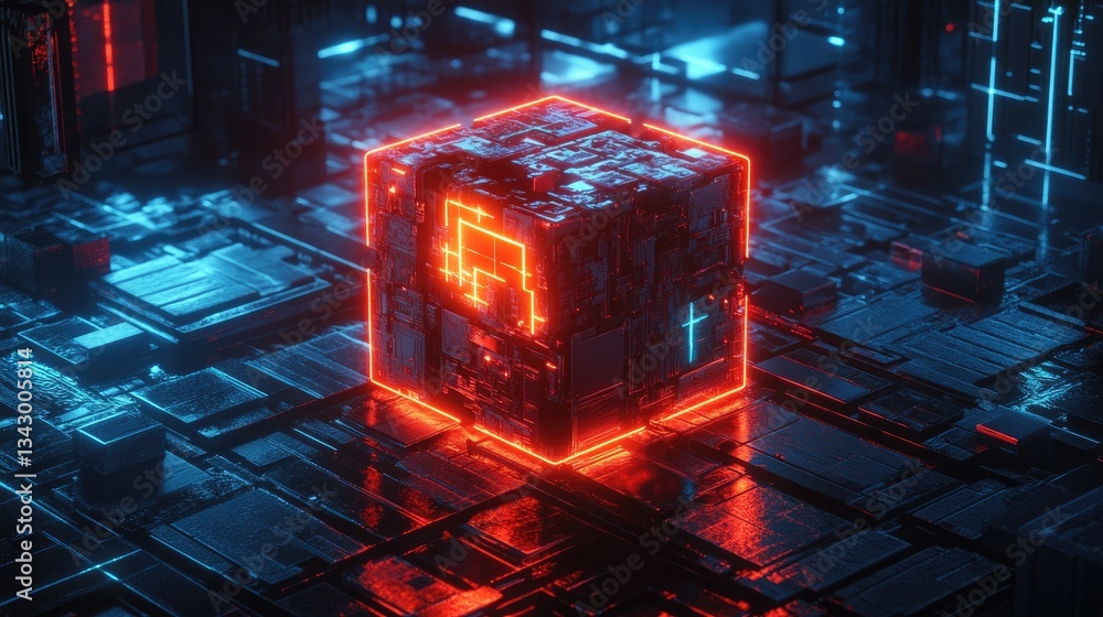 Poster a glowing neon tech logo featuring an abstract digital workstation and ai interface elements.