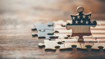 Puzzle of the American Dream: a close-up of a puzzle with the flag of the United States of America depicted on several pieces, suggesting a message of unity and a collaborative effort.