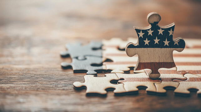 Puzzle of the American Dream: a close-up of a puzzle with the flag of the United States of America depicted on several pieces, suggesting a message of unity and a collaborative effort.