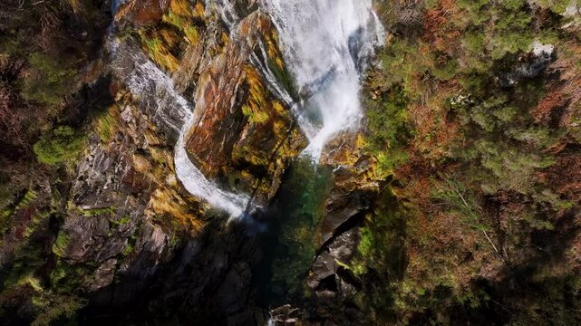 Above View Waterfalls. Aerial Slow Motion Shot