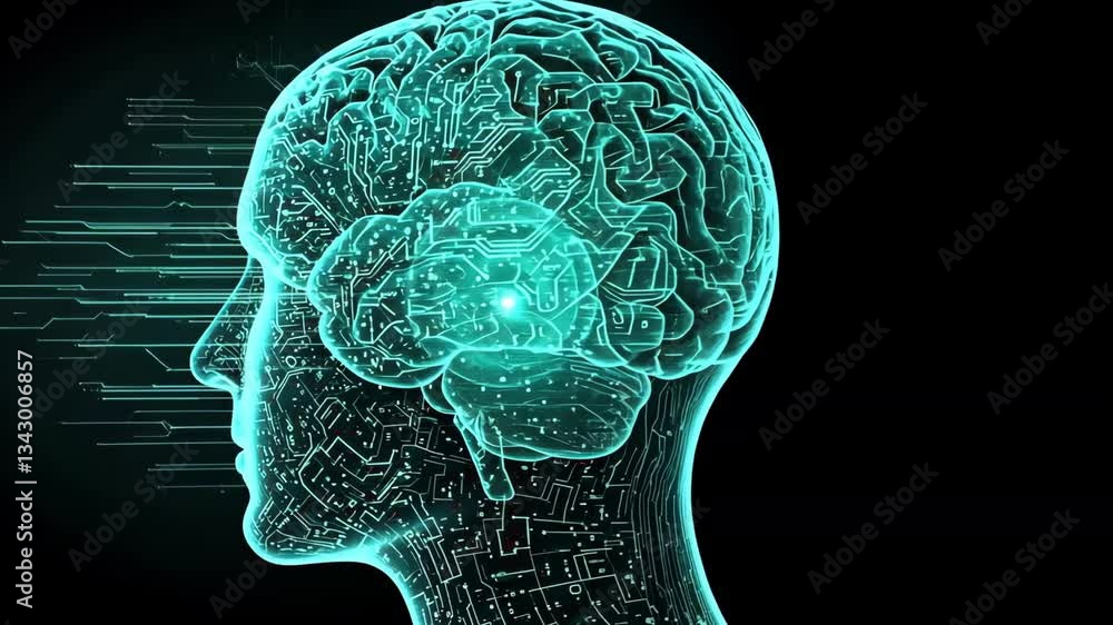 Poster digital human profile with brain circuit design and connection lines on a black background