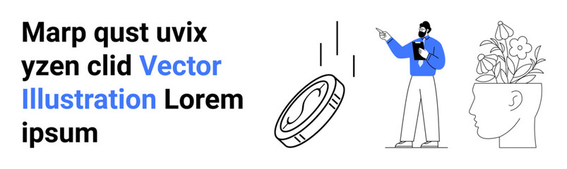 Man holding clipboard pointing at abstract elements, including falling coin and floral brain concept planter. Ideal for finance, brainstorming, investments, creativity, innovation, business growth