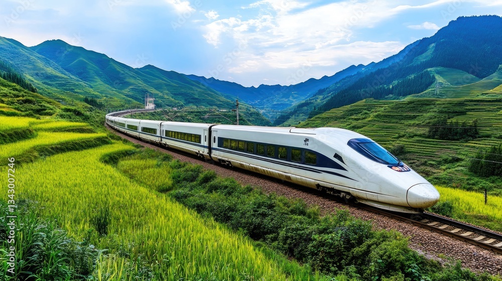 Poster a high-speed railway system with advanced rail infrastructure connecting major cities.