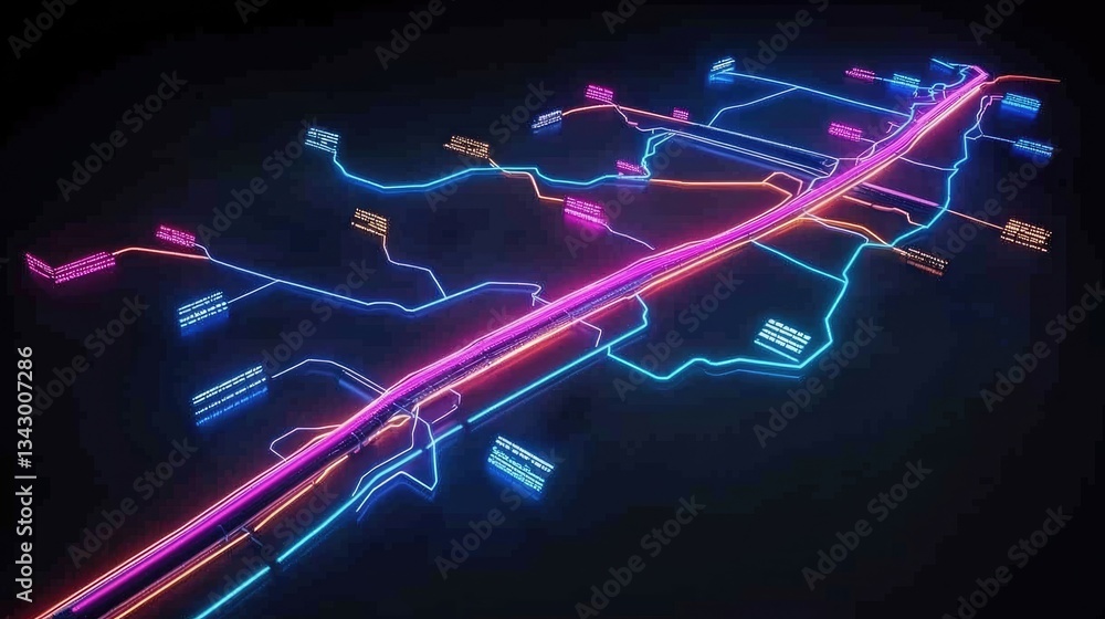 Aufkleber a high-speed rail network map with glowing interconnected stations and digital travel time indicator