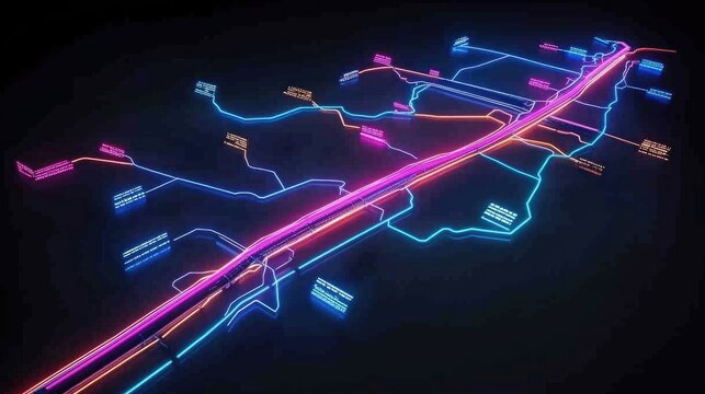 A high-speed rail network map with glowing interconnected stations and digital travel time indicators.
