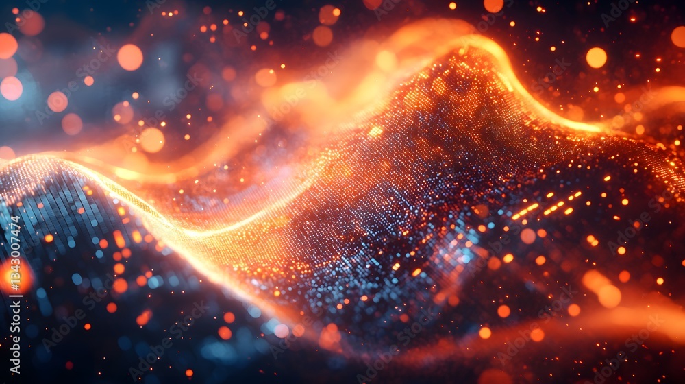 Poster digital abstract design depicts flowing glowing data particles in space