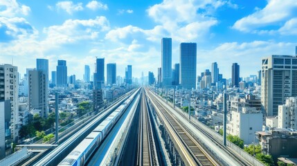 A high-speed train leaving a cityscape, heading towards a futuristic countryside rail network.