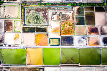 Colorful salt flats from above, Thailand