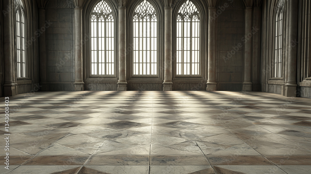 Poster empty cathedral hall: an empty cathedral hall with gothic style arched windows casting light onto a 