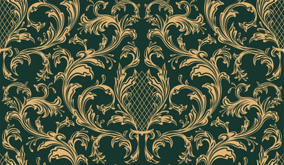 Vector tracery vintage seamless pattern. Ornament with yellow silhouette of floral curls on green background. Baroque texture