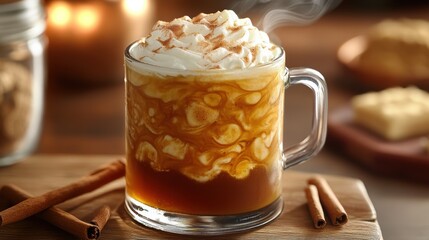 A steaming cup of amber liquid, adorned with cinnamon swirls and nutmeg, promising warmth and cozy comfort on a crisp autumn afternoon.