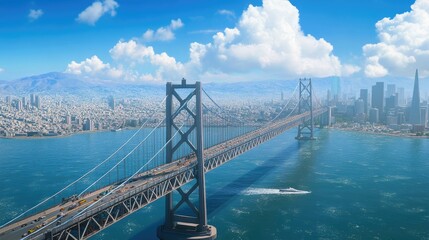 A high-tech bridge with smart traffic control systems spanning a vast body of water.