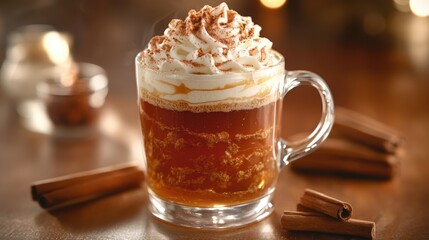 A steaming cup of amber liquid, adorned with cinnamon swirls and nutmeg, promising warmth and cozy comfort on a crisp autumn afternoon.