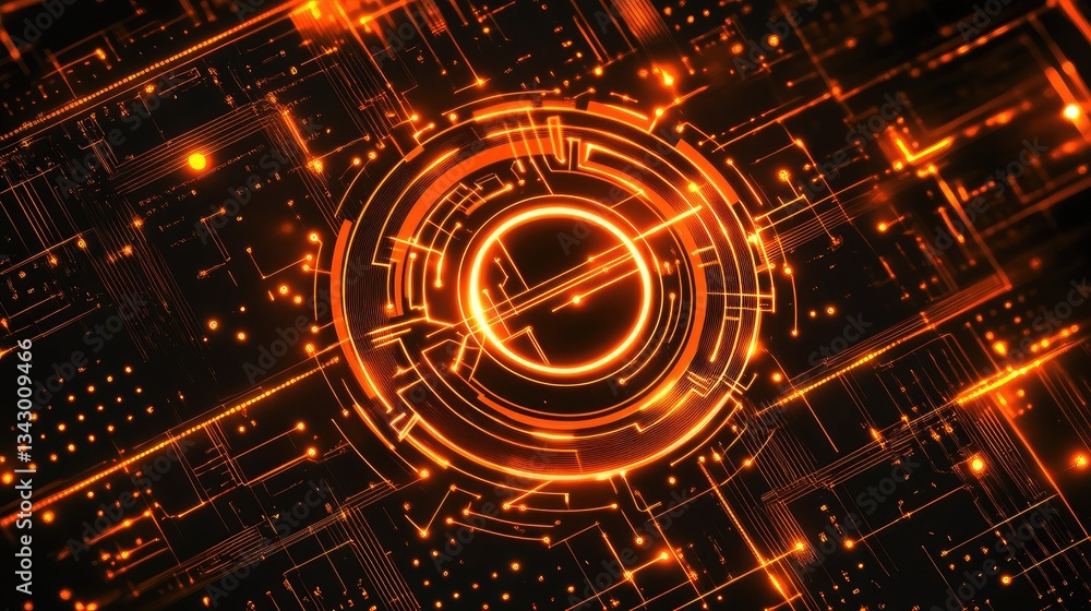 Poster a high-tech digital business logo with an abstract pc icon and glowing network lines.