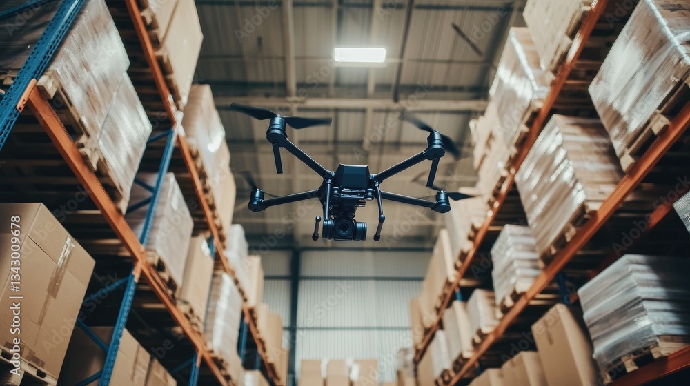 Poster a high-tech drone hovering over a warehouse, scanning barcodes for automated sorting.