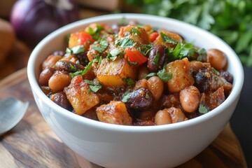 A bowl of hearty potato and bean stew, garnished with fresh parsley, is pictured. It can illustrate vegan recipes, healthy eating, or simple homemade cooking.