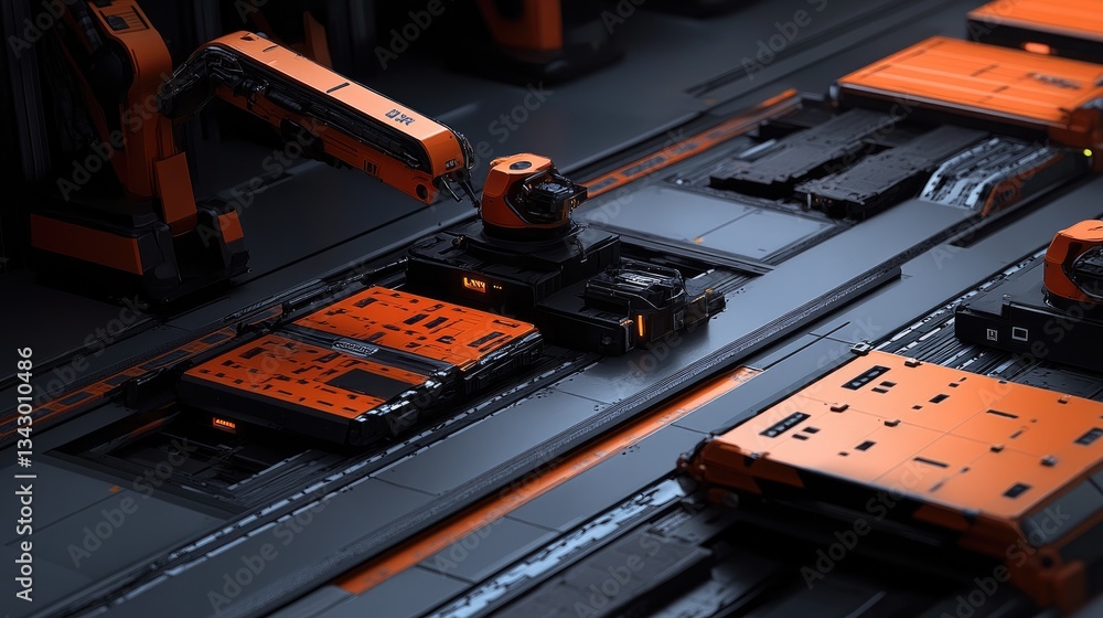 Poster a high-tech warehouse with robotic arms, automated conveyor belts, and ai-driven digital logistics s