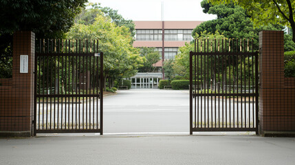 Inviting Entrance: An open gate offers a welcoming passage to a well-maintained school building, the symmetrical design framed by vibrant greenery and a sense of order.