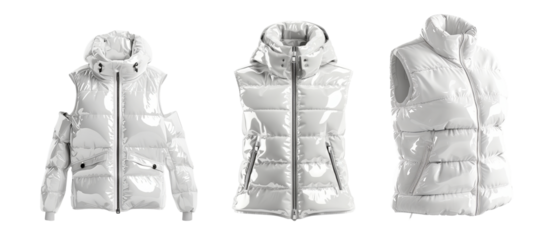 Women's Glossy Nylon Down Vest Mockup, Front Half Side View Transparent Background