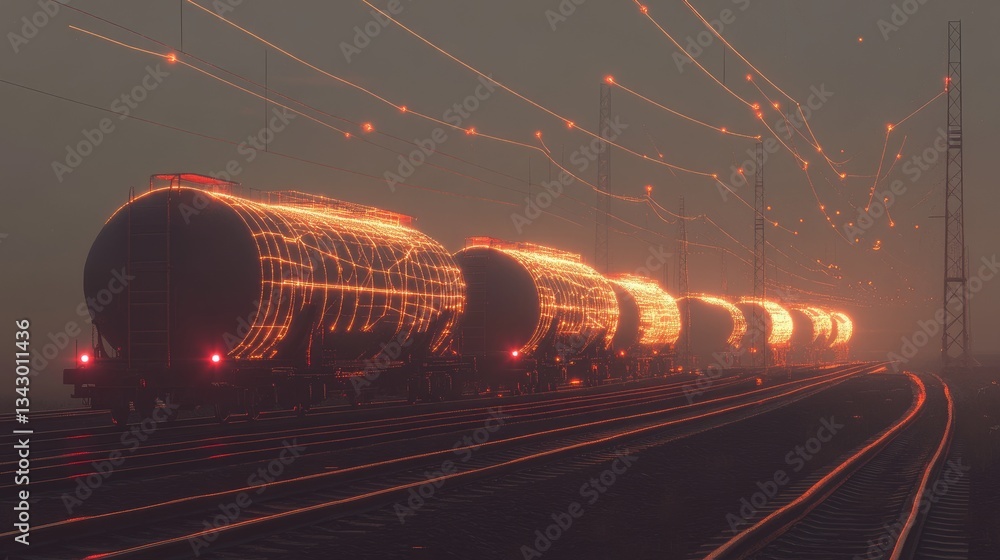 Poster a hyperconnected freight transport system visualized through a digital network interface.