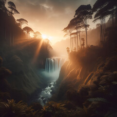sunset over a waterfall surrounded by lush plants