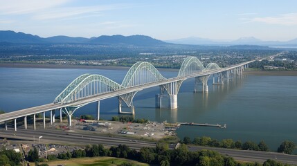 Fototapeta premium A large highway bridge with elegant engineering design, spanning across a vast river.