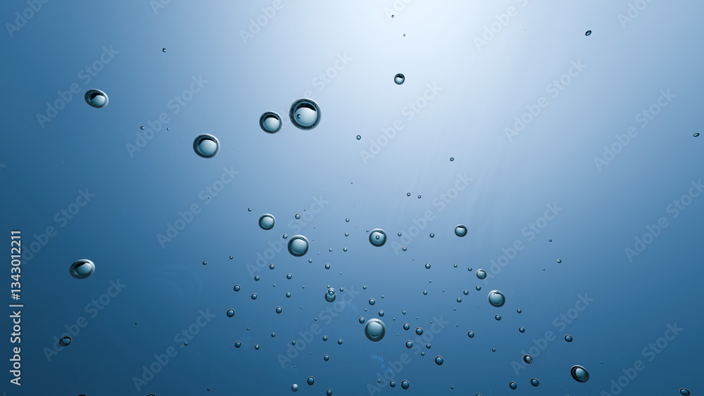 Poster bubbles ascend slowly in clear blue water, creating a tranquil effect as light filters in from above