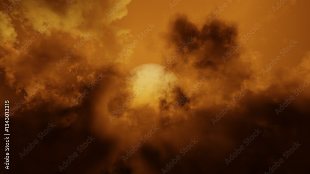 Poster golden sunset casts a warm glow as it breaks through dark, billowing clouds. tranquil landscape belo