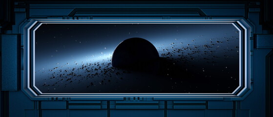 captivating view of a dark celestial body situated in the vastness of space, surrounded by floating...
