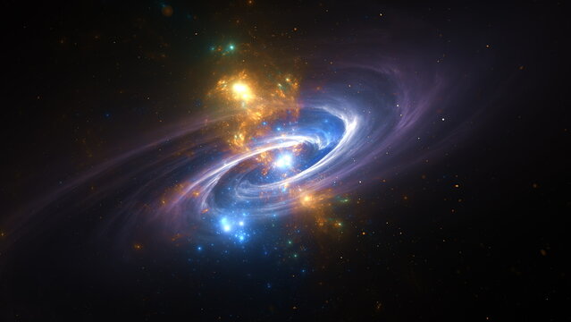 stunning swirl of bright colors and light showcases a massive spiral galaxy in deep space. scene displays vibrant stars and cosmic gases, creating a mesmerizing view of the universe. 3d render