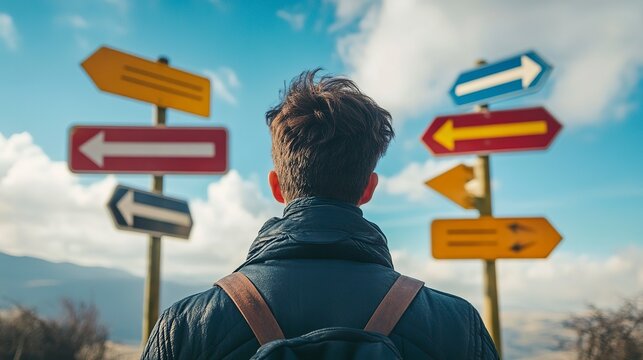 Person stands thoughtful before multiple road signs indicating diverse directions during a cloudy day
