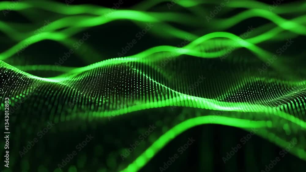 Poster abstract green landscape with glowing dots and lines forming a digital wave pattern effect