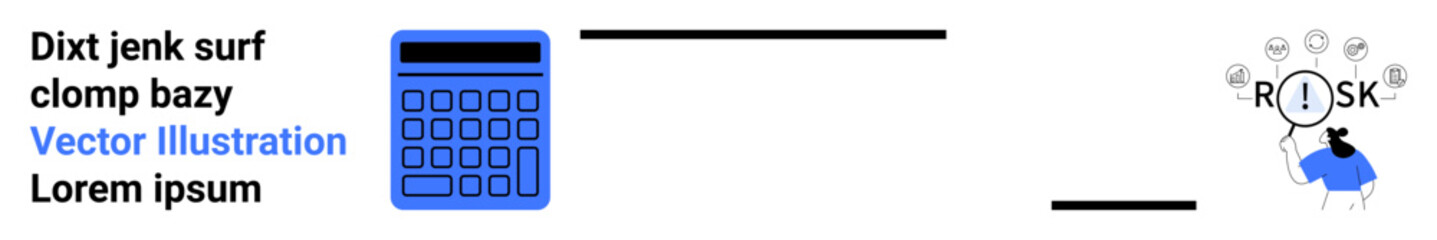 Blue calculator next to a risk indicator with a silhouette of a person analyzing. Ideal for finance, analysis, decision-making, risk management, education, business, simple landing page