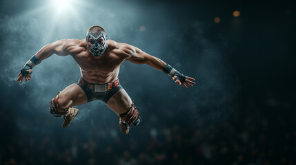 Fototapeta premium Aerial Assault: Masked wrestler leaps in action. Capturing raw power and dynamism in a dramatic arena.