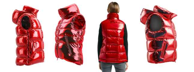 Women's red Glossy Nylon Down Vest Mockup, Back Half Side View Transparent Background