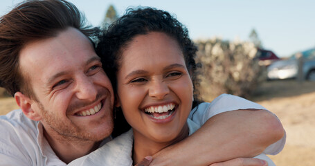 Hug, relax and smile with couple at beach for travel vacation, bonding and romantic date. Happiness, summer holiday and marriage anniversary with man and woman outdoors for care, adventure and love