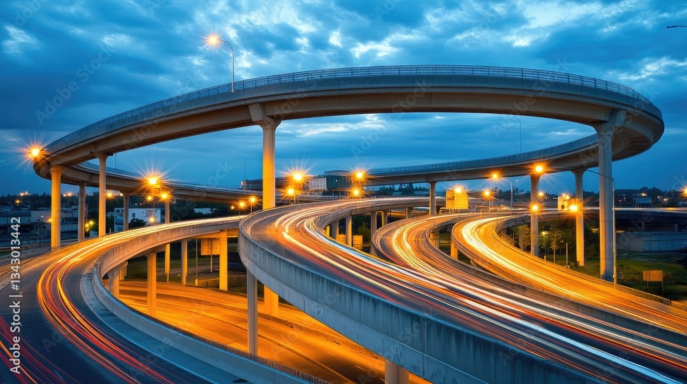 Poster a modern multi-level highway interchange with smooth traffic flow, illuminated by streetlights at du