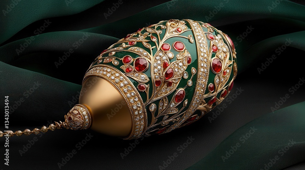 Poster ornate egg design with colorful gemstones and intricate patterns on a dark satin fabric