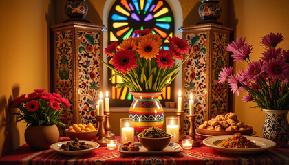 Vibrant floral arrangement with candles on a festive table setting  