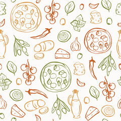 Hand drawn doodle pizza ingredients background	