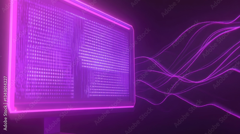 Poster a neon-lit tech company logo featuring a computer monitor with abstract digital waves.