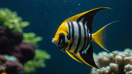 Fototapeta premium Swimming Yellow Angelfish with Black Stripes in a Coral Reef Setting