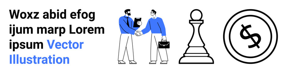 Obraz premium Two professionals shaking hands, chess pawn as a strategy icon, and dollar coin symbolizing financial growth. Ideal for business, partnership, strategy, negotiation, investments, teamwork abstract